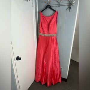 Elegant Coral Gown with Embellished Belt